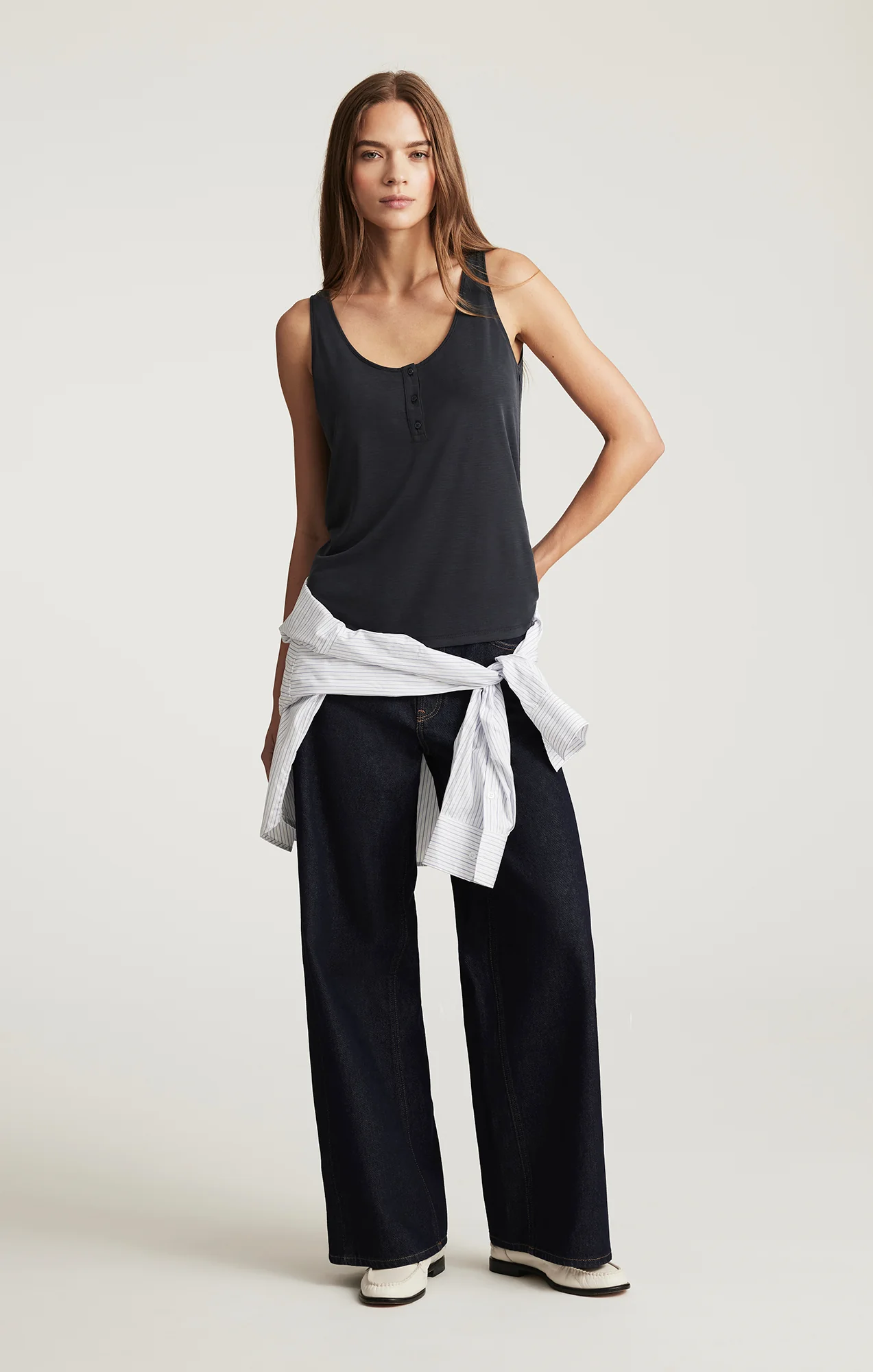 LUXE TOUCH TENCEL™ HENLEY TANK TOP IN BLACK - Image 4