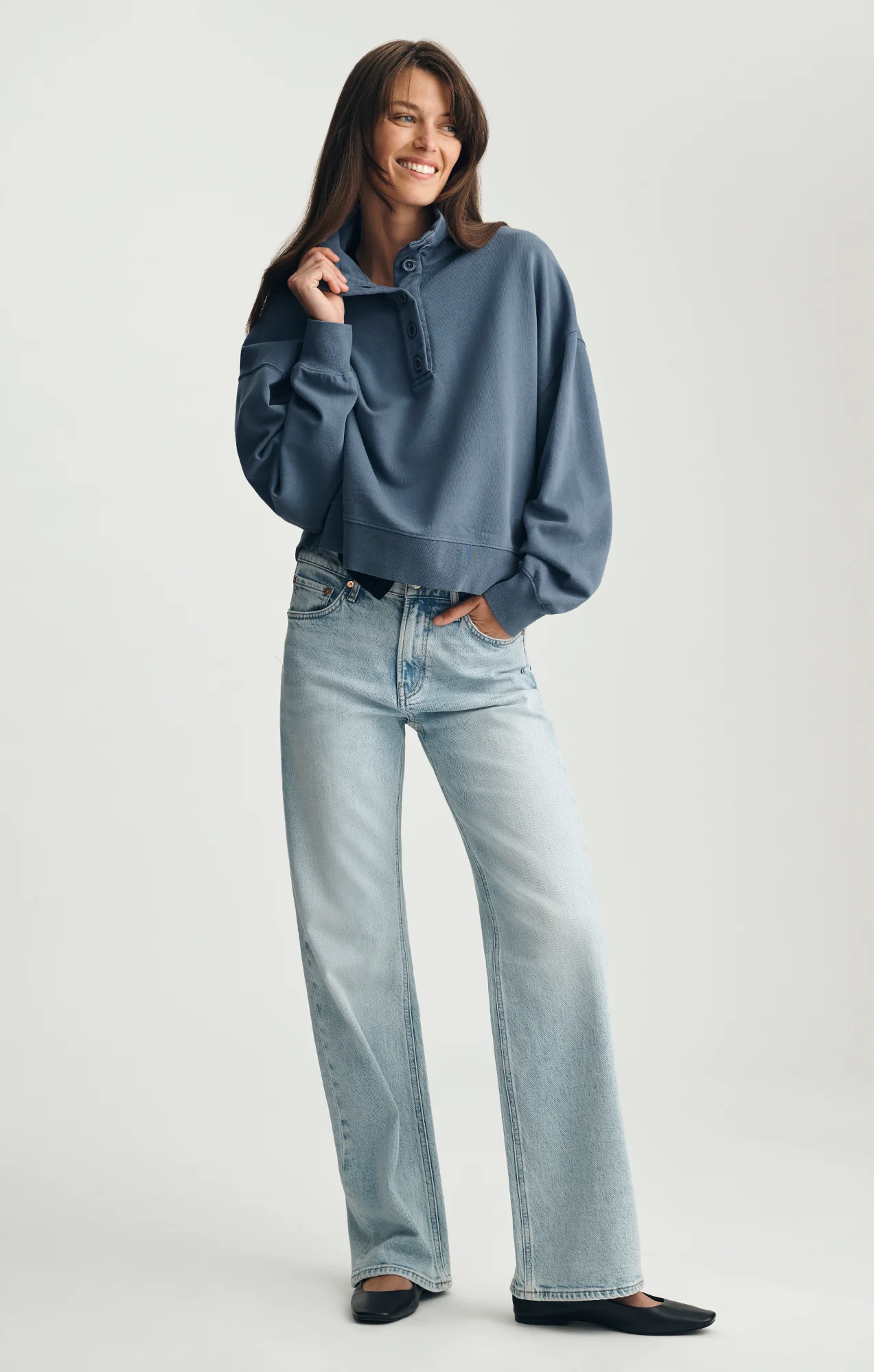 BUTTON-UP FUNNEL NECK SWEATSHIRT IN BLUE INDIGO - Image 4