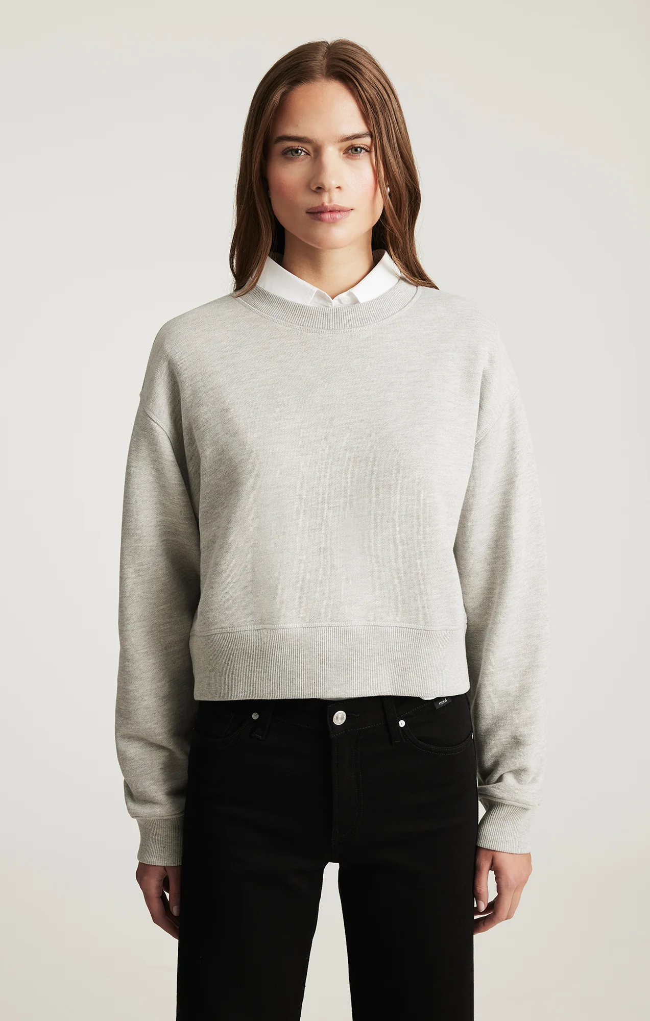 CROPPED CREW NECK SWEATSHIRT IN GREY MELANGE