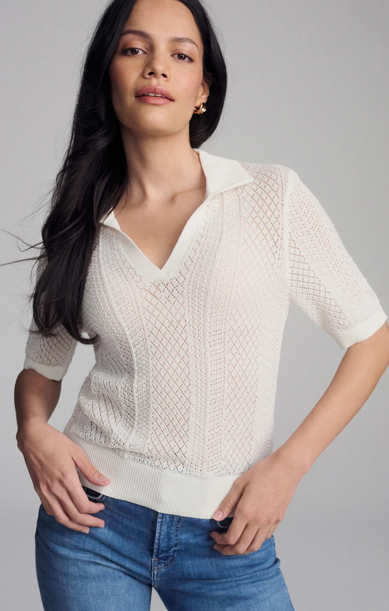 KNIT POLO SWEATER IN ANTIQUE WHITE