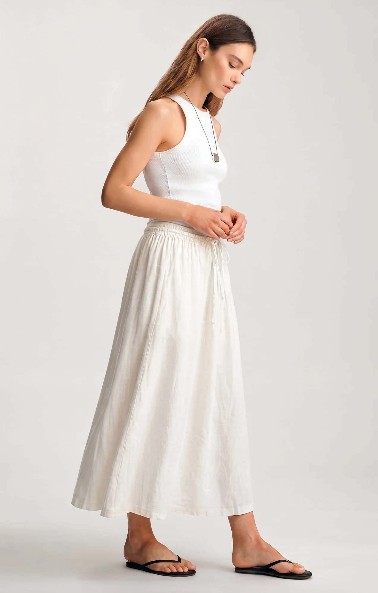 LINEN DRAWSTRING MAXI SKIRT IN ANTIQUE WHITE - Image 4