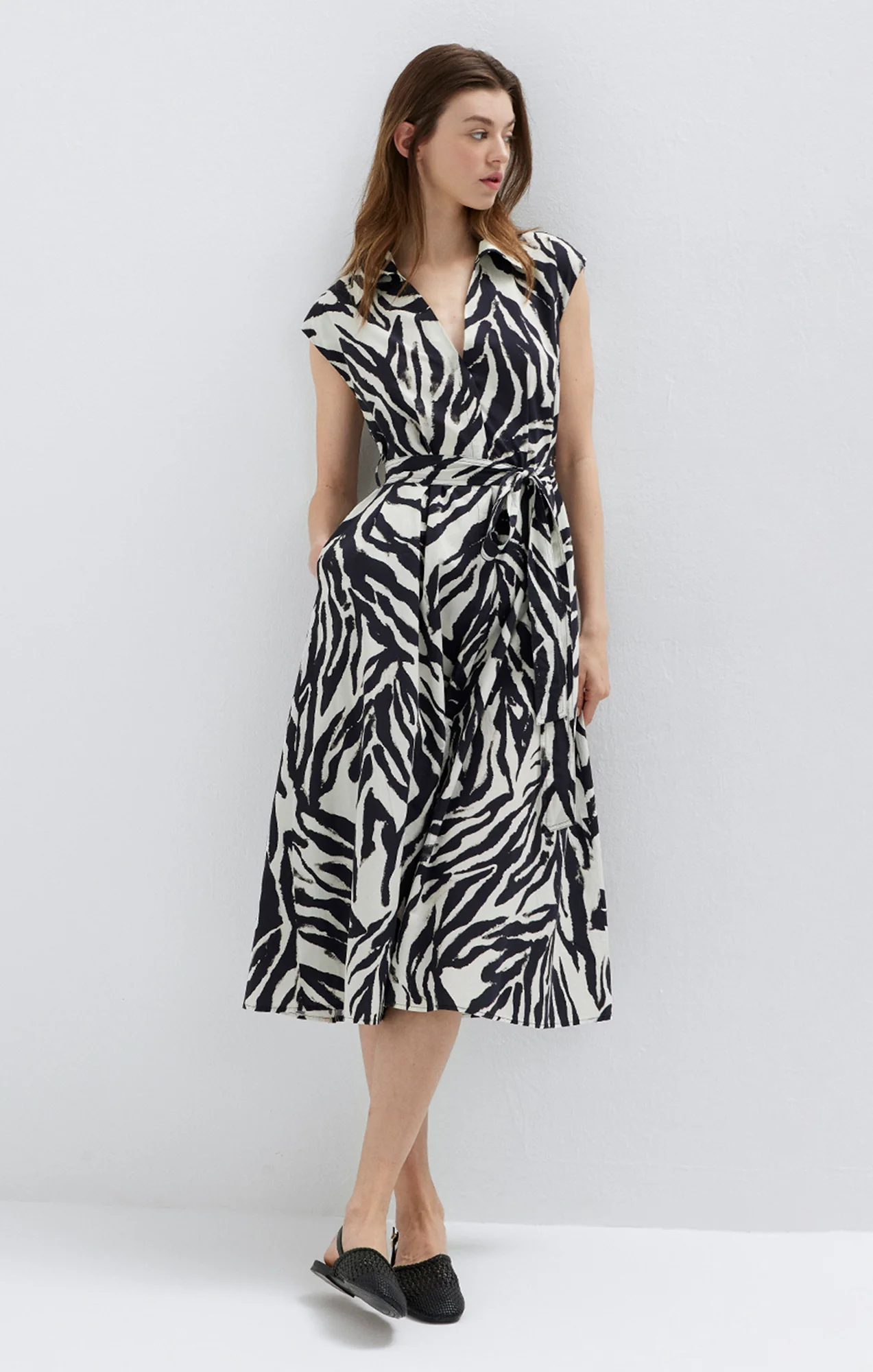 TIE-WAIST MIDI SHIRTDRESS IN BATIC ZEBRA PRINT