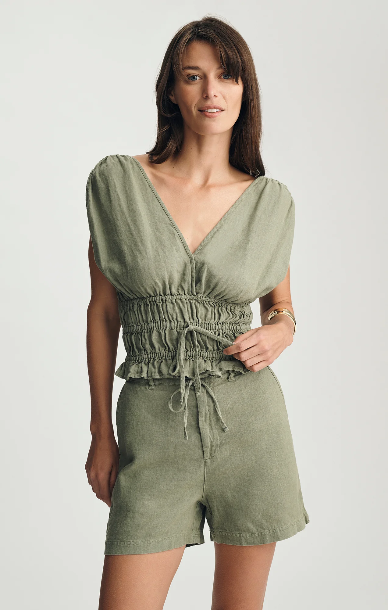 LINEN TIERED V-NECK TANK TOP IN SEA SPRAY