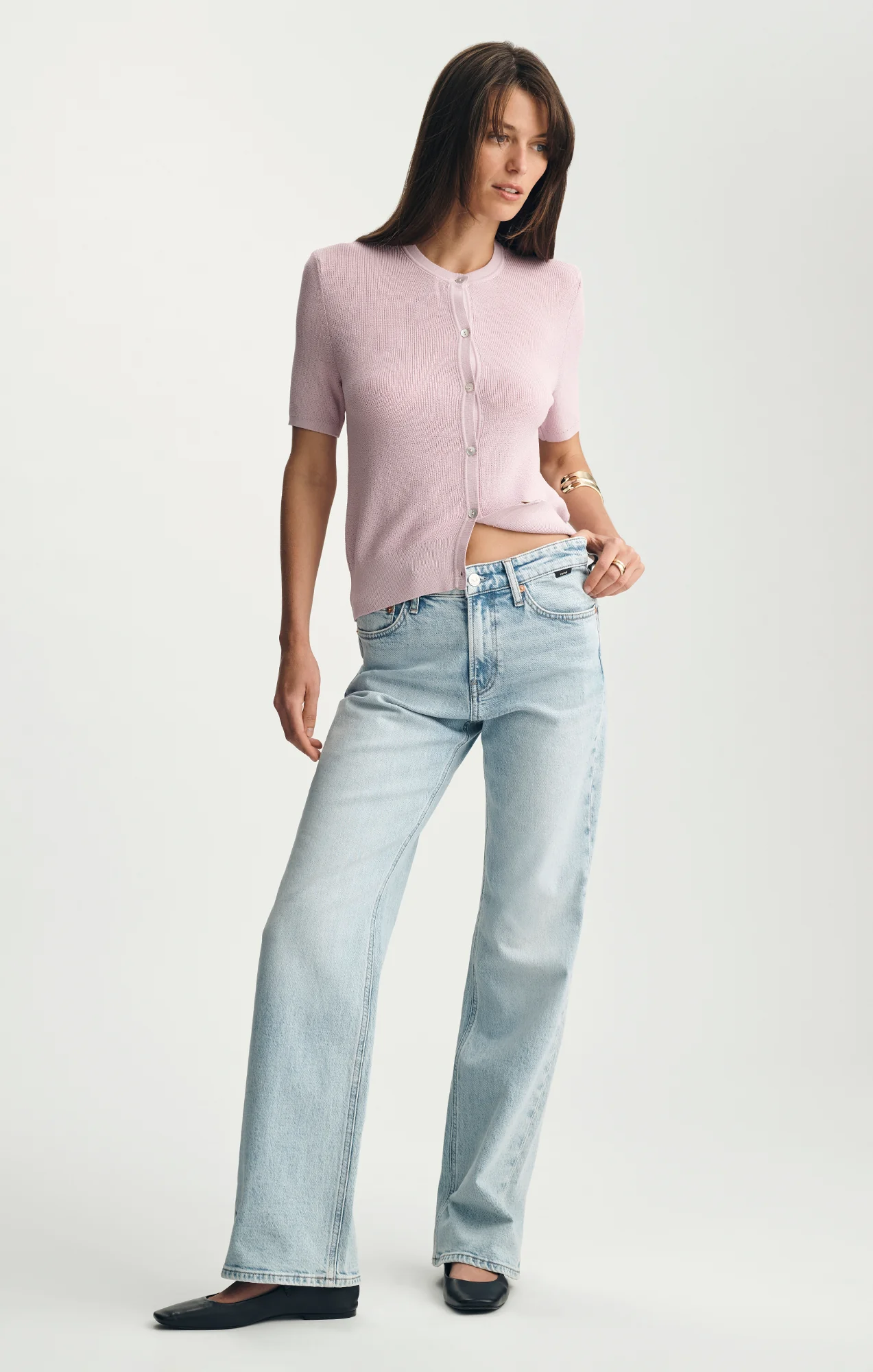 SHORT SLEEVE BUTTON-UP SWEATER IN ORCHID HUSH - Image 4