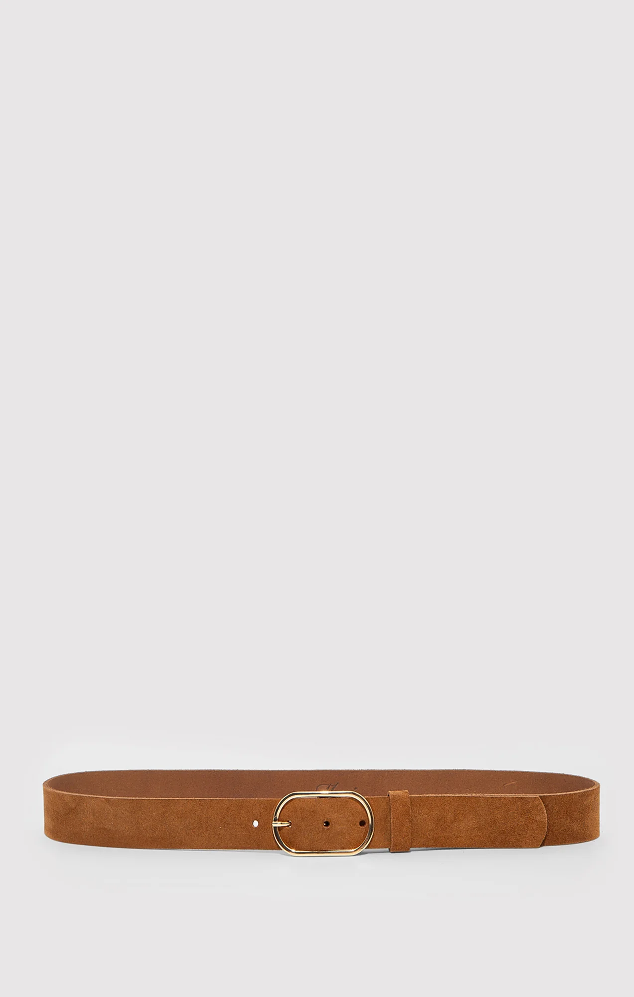 SUEDE OVAL BUCKLE BELT IN COPPER TAN
