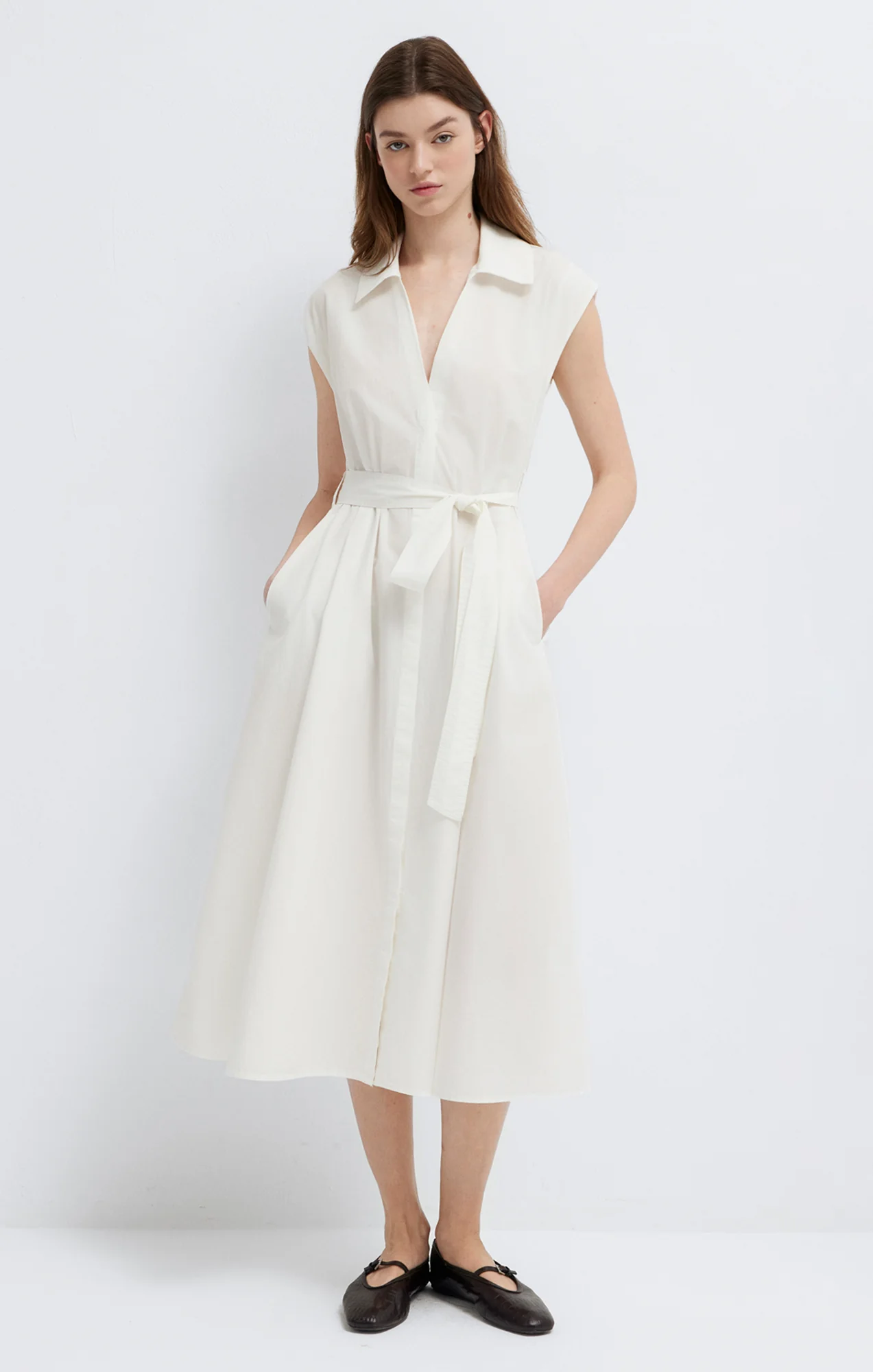 TIE-WAIST MIDI SHIRTDRESS IN ANTIQUE WHITE - Image 2